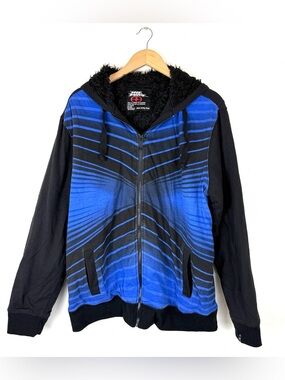Y2K Vintage No Fear Hoodie Zip Up Black Blue Cyber Fleece Lined 2000s